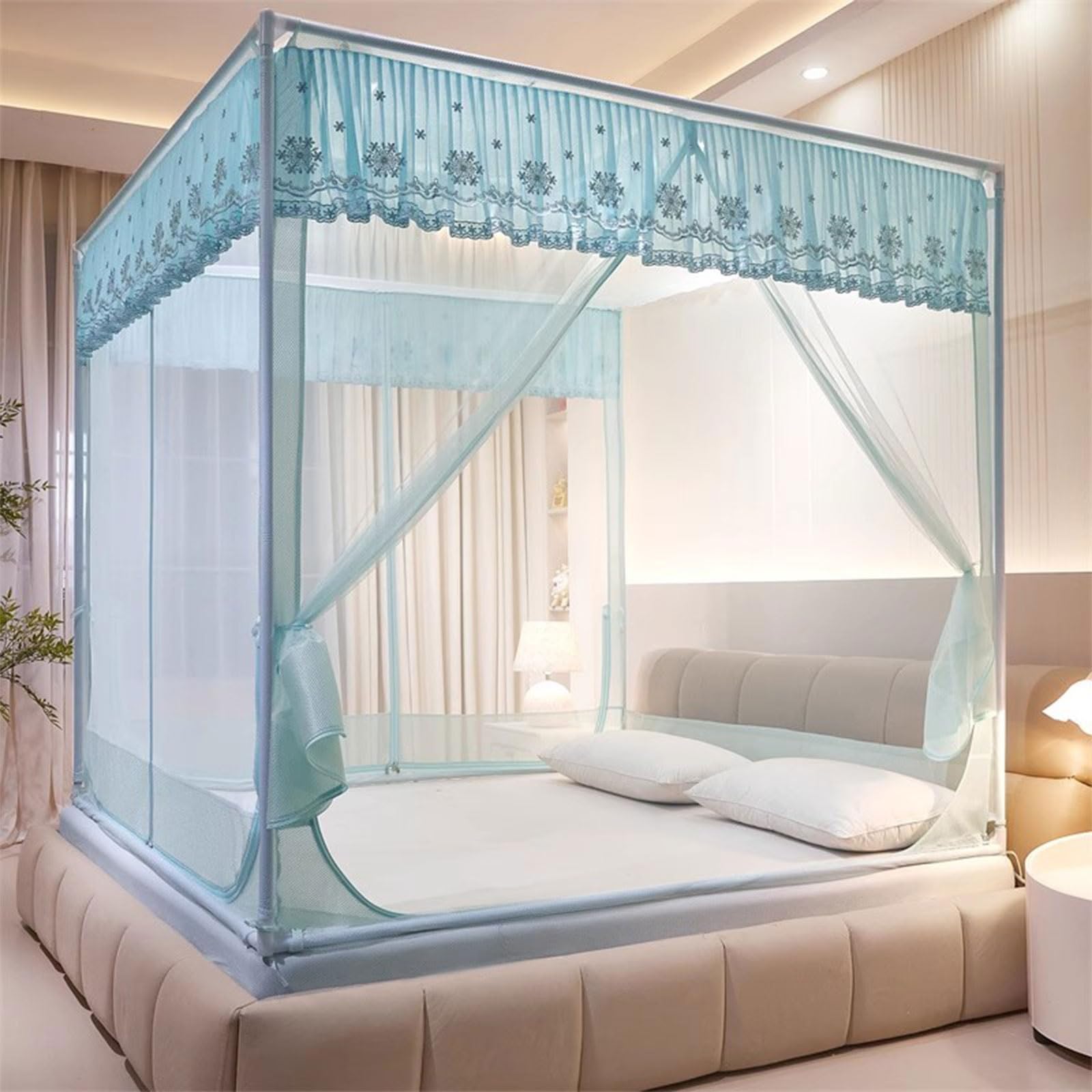 Moskitonetz Bett Höhenverstellbar mit Ständer Babybett Kinderzimmer Mückennetz mit Reißverschluss Spannbettlaken Behoben 360° Insektennetz Feinmaschiges Moskitonetz für Reisen Indoor & Outdoor