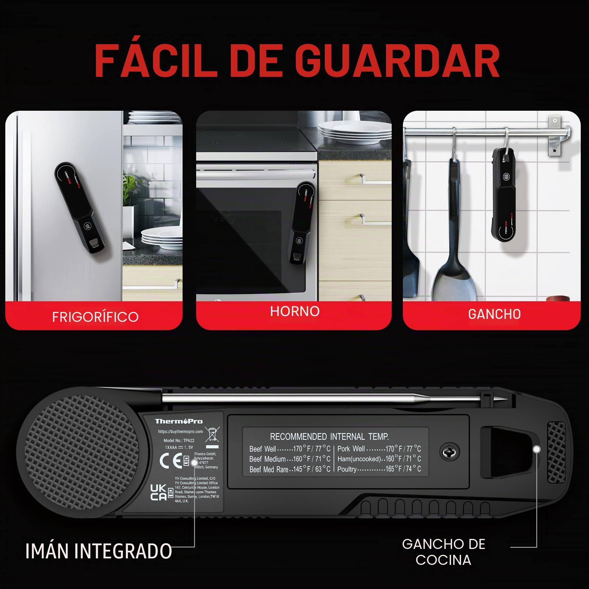 ThermoPro TP622 Termómetro Cocina de Lectura Instantánea, Termómetro Calibrable para Alimentos con Pantalla, Termómetro de Cocina Impermeable para Barbacoa Comida Liquidos Aceite Agua