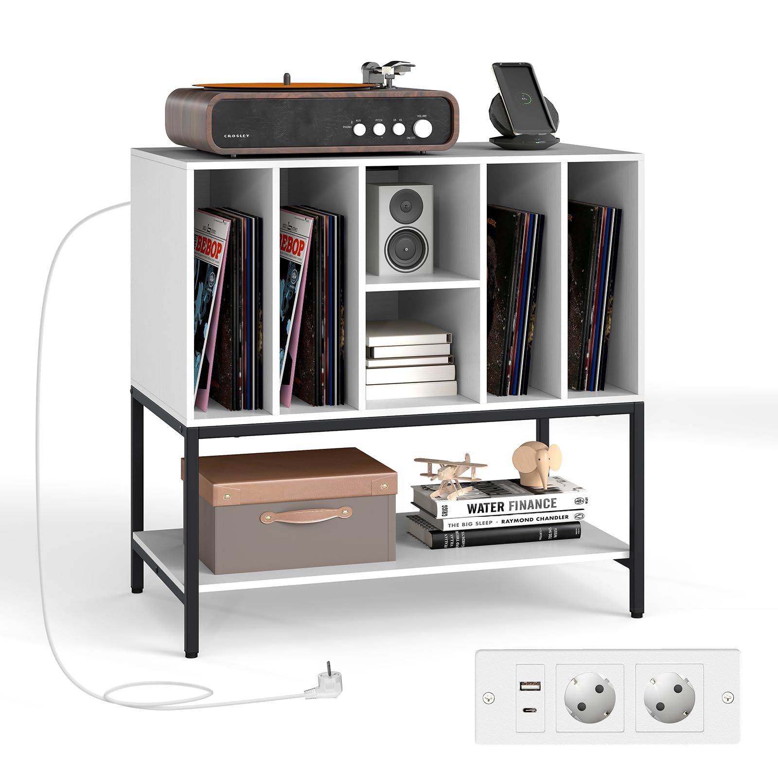 COSTWAY podstawka pod gramofon z ładowarką, szafka pomocnicza z przechowywaniem winyli, nowoczesna szafka do przechowywania, regał ekspozycyjny na winyle na do 150+ albumów 80 x 45 x 79,5 cm (Biały)