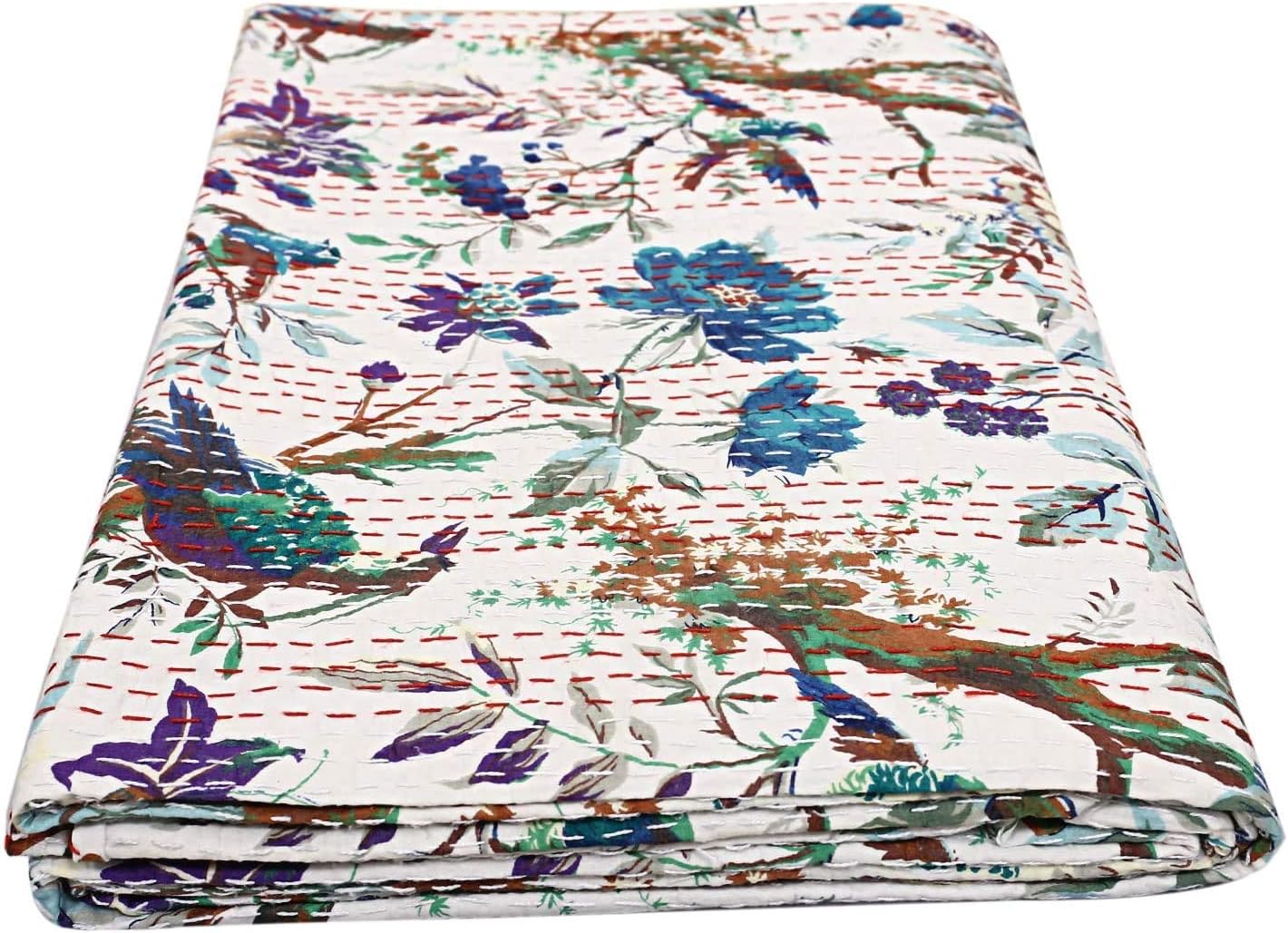 Queen/Twin/King Indian Handmade Kantha Quilt, Bird Kantha Bohemian Bedding, Kantha Rallies, Reversible Bedsheet/Bedspread. Home Decor Quilting Kantha Quilt (60X90 inch)