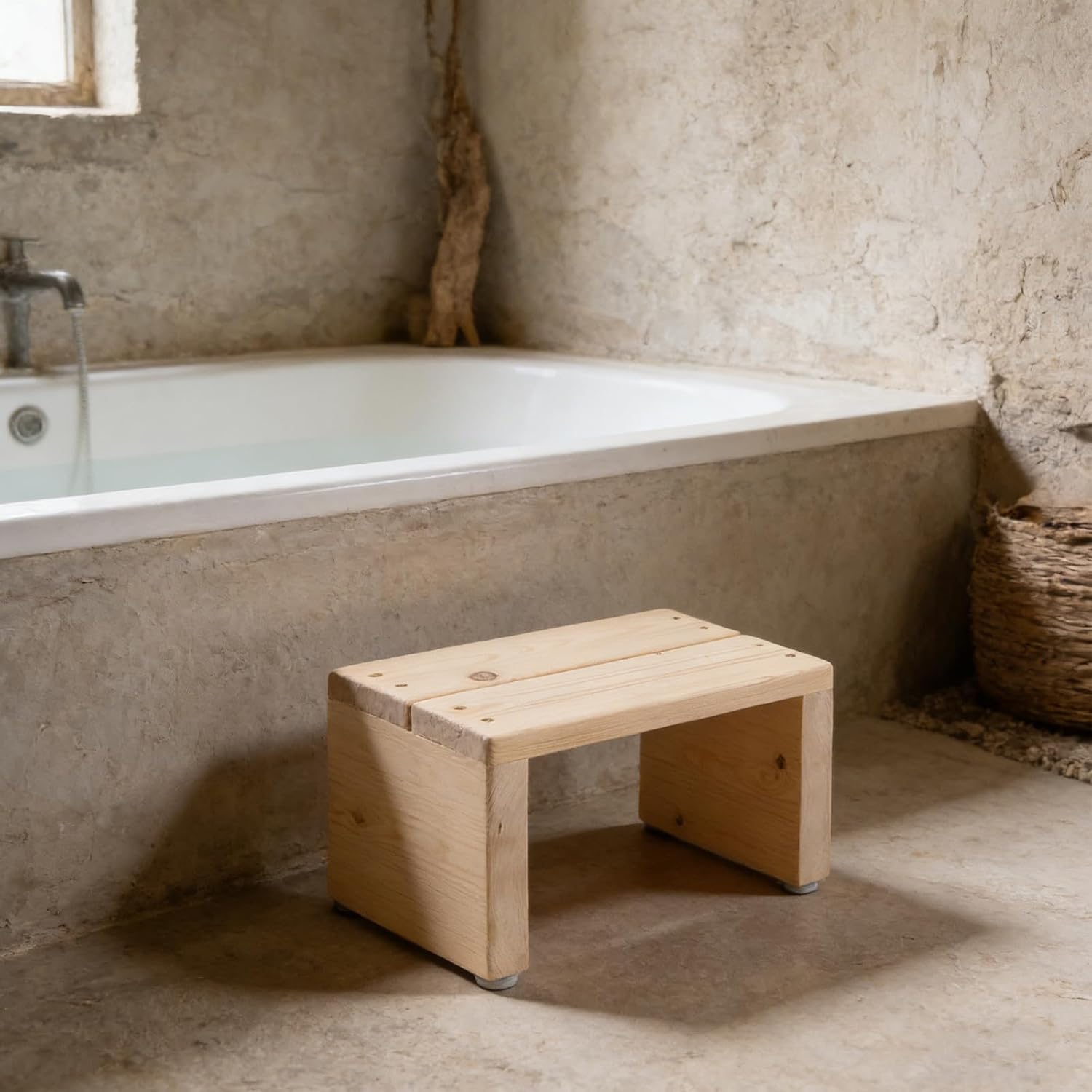 Wood Step Stool for Bath Shower - Non-Slip Riser Platform - Safety Stepping Chiar - Bathroom Aid for Indoor Outdoor Adults Elderly Seniors Bathtub Toilet