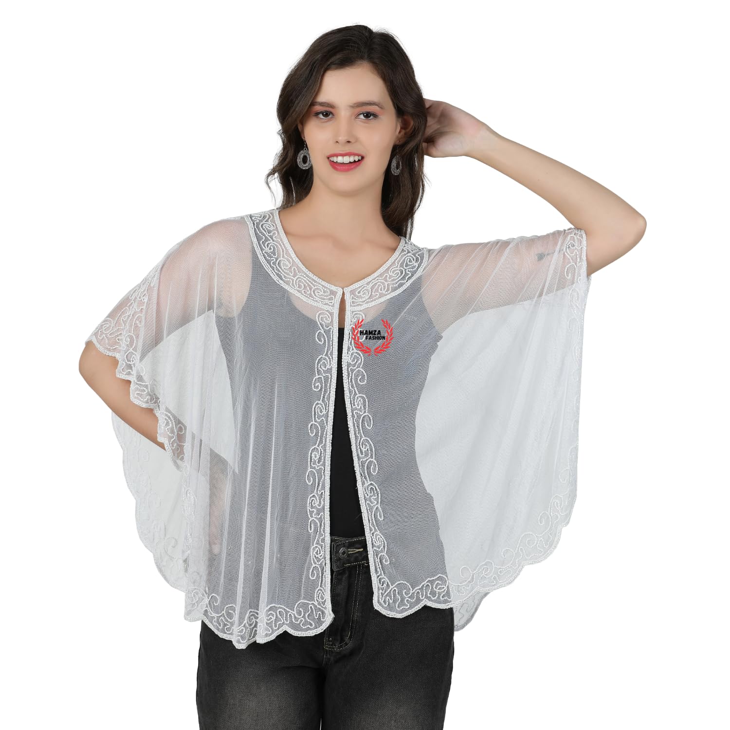 Women's for Poncho Net New Hand Bead Embroidery Designer Short Capes Poncho-image-12