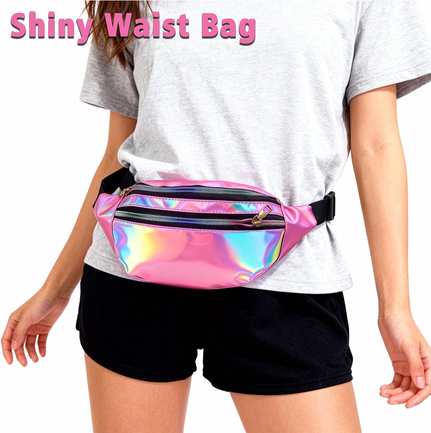 2 Pieces Holographic Fanny Packs,Hologram PU Waist Pack Waist Bag Shiny Waist Pack 80s 90s Fanny Pack Metallic Color Sport Waistbag with Pouches and Adjustable Belt Fashion Rave Waist Bag