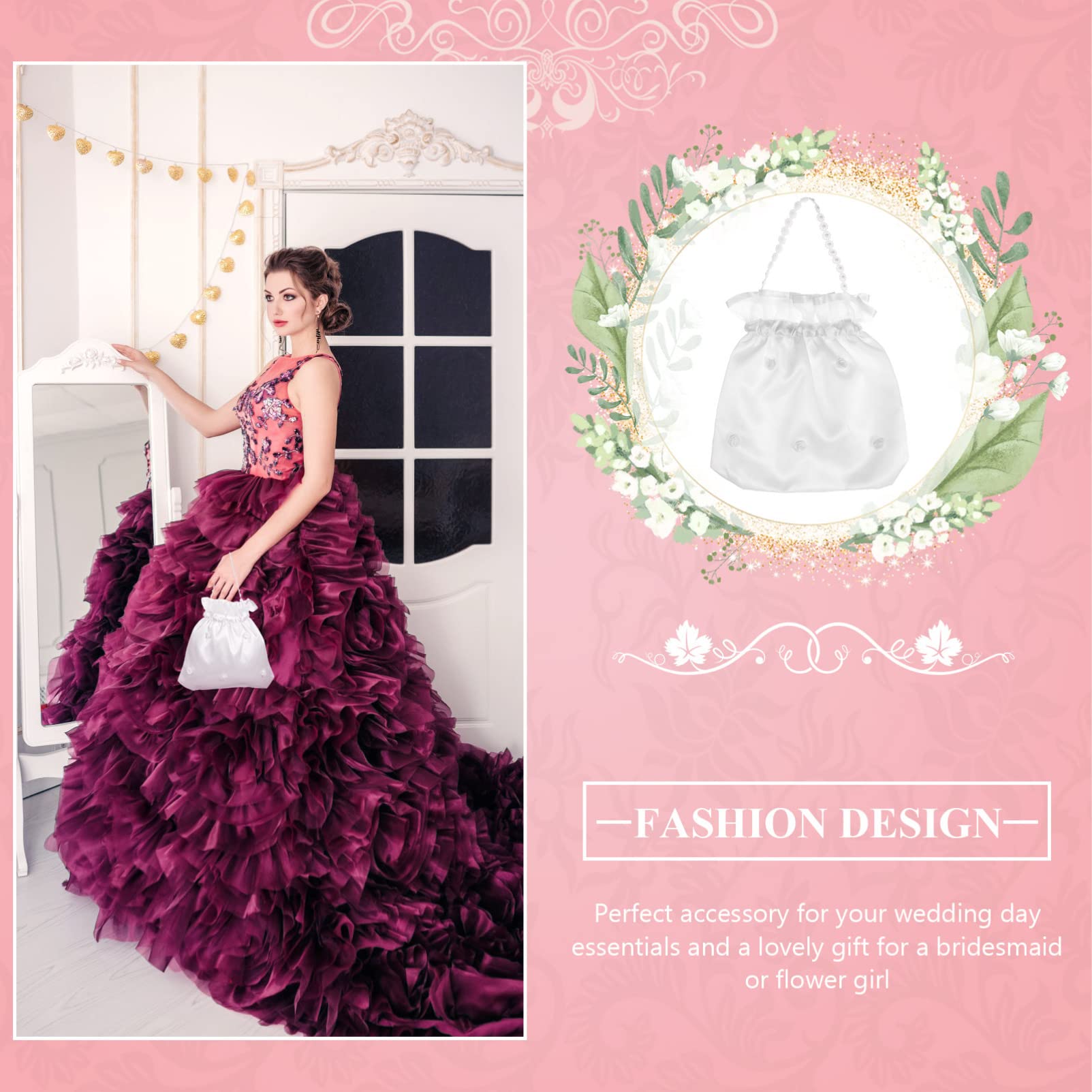 Alipis Bridal Dolly Bag White Satin Flower Decorated Handbag Bridesmaid Purse for Wedding Day Essentials 8.66X8.27X0.20In - Image 2