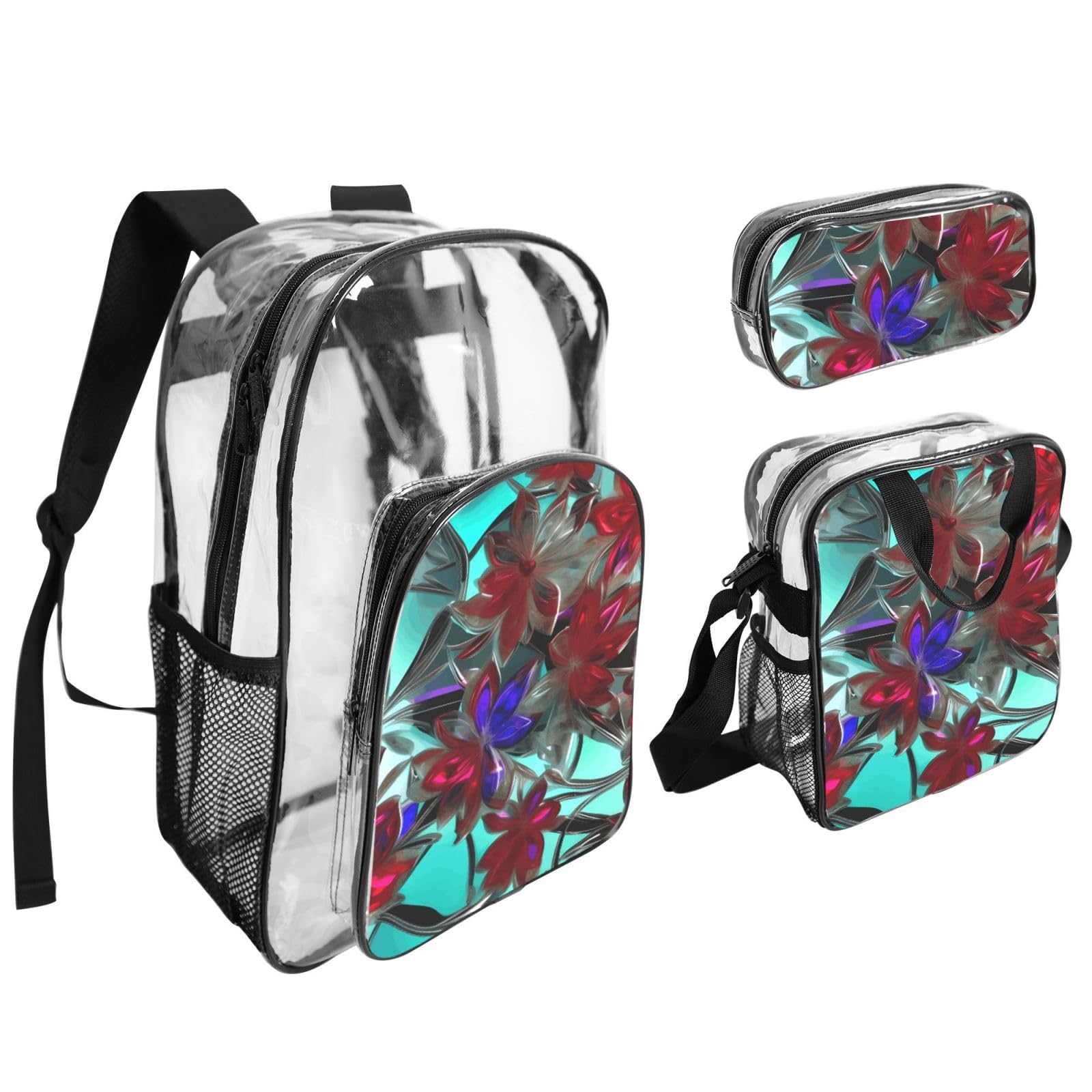 Ensemble de 3 sacs à dos transparents pour l'école, les voyages, les activités en plein air - Motif vitraux - Unisexe
