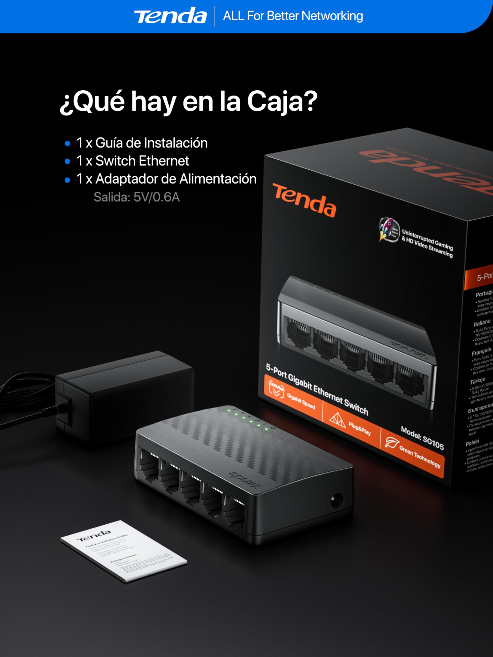 Tenda SG105 Switch Ethernet Gigabit 5 Puertos 10/100/1000 Mbps RJ45 No Administrado Negro