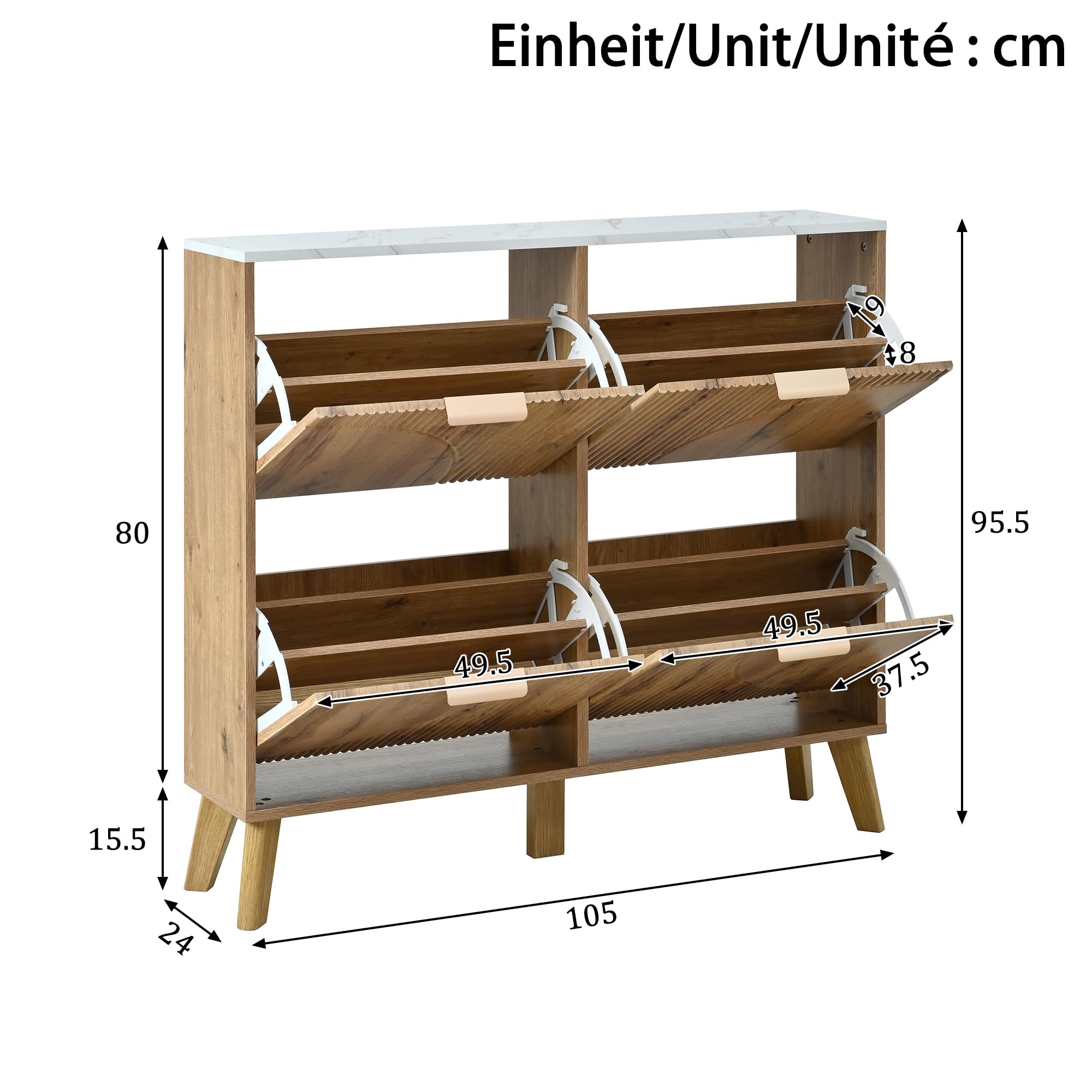 Scarpiera con coperchio incernierato effetto legno, 105 x 24 x 95,5 cm, quattro ante, piano di lavoro effetto marmo, pannelli porta in rilievo 3D, gambe coniche in legno massello, armadietto