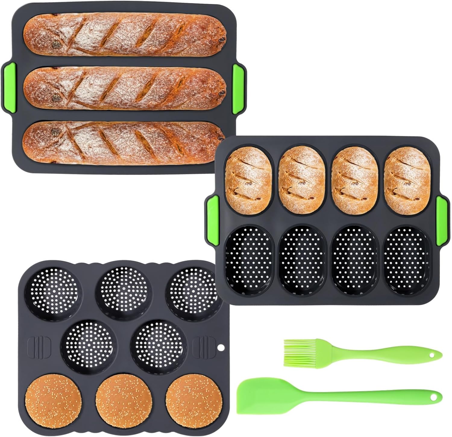 French Bread Silicone Molds, 5 Piece Set, Non-Stick Bakeware, Loaf & Bun Pans, Tools