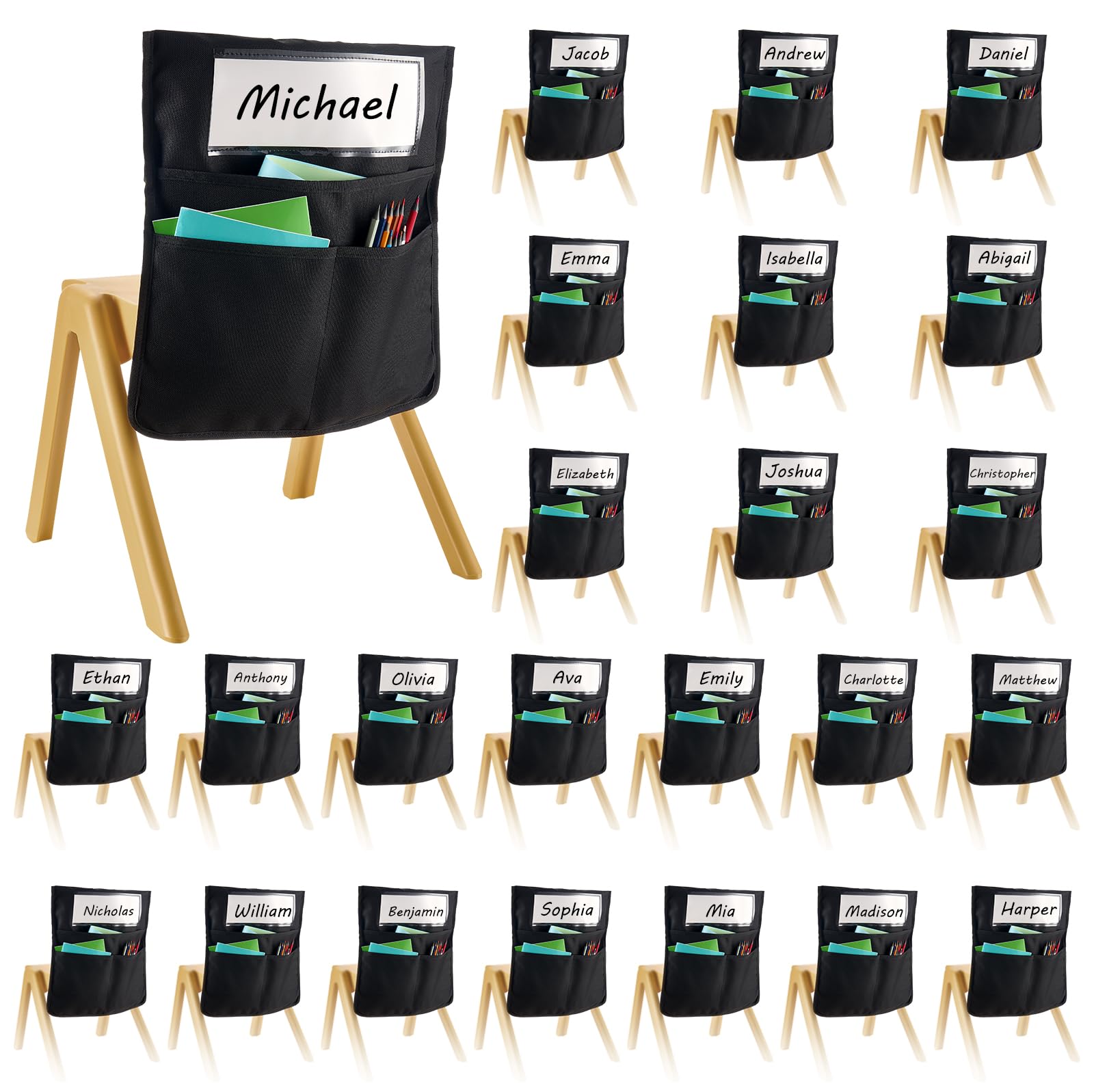 VEVOR Klassenzimmerstuhltasche, 24er-Pack, 36x38 cm, Rückenlehnentasche mit Namensschild, Stuhlrücken-Organizer für Kinder im Klassenzimmer, Kindergarten, in der Schule & zu Hause, Schwarz
