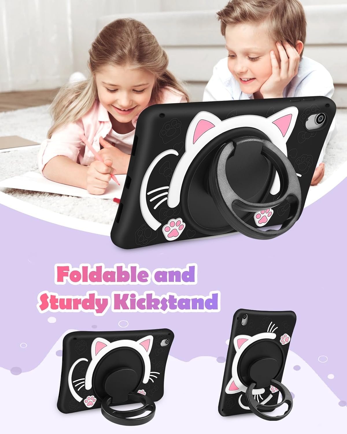 for iPad A16 Case/10th Generation Case - Soft Silicone Tablet Cover for iPad 11th 11 Inch/10th 10.9 Inch Girls Women 3D Cartoon Cute Black Cat Kitten with Rotating Stand & Strap