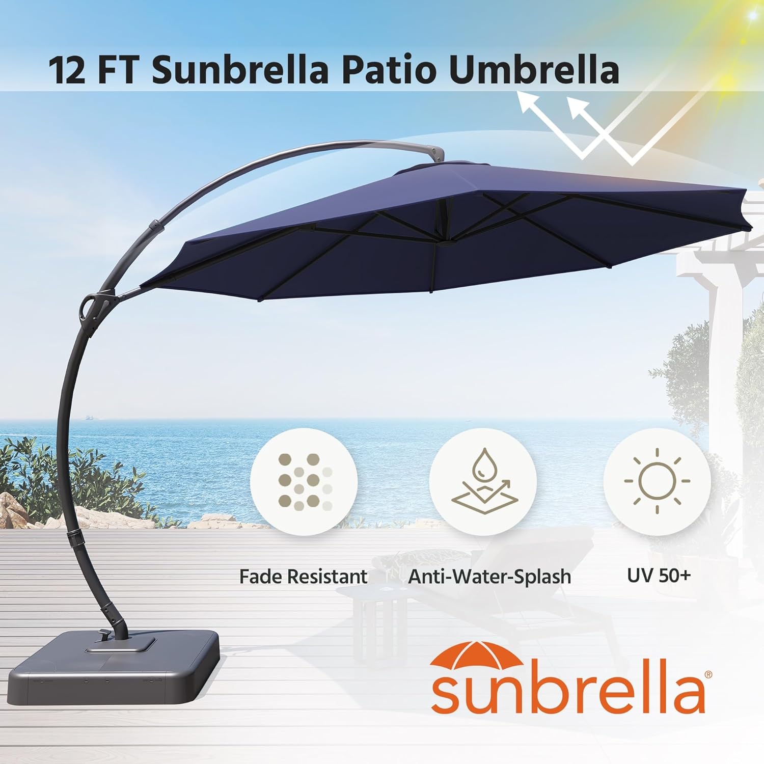 LAUSAINT HOME Outdoor Patio Umbrella with Base Included, 12ft Deluxe Curvy Cantilever Umbrella Offset Umbrella with Premium Fabric,100% Solution-dyed Acrylic, 5 Years Fade-resistance, 360° Rotation for Pool Deck Market ( Navy blue, Sunbrella)1