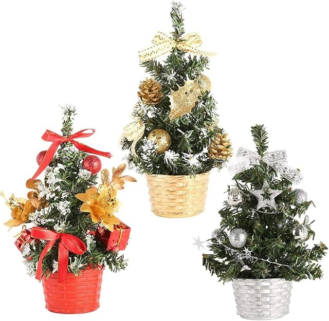 AOFOX Mini Christmas Tree with Ornaments, 3 Pieces Small 20 cm High Table Top Artificial Christmas Pine for Christmas Decoration Party Favor (Gold-Silver-Red)