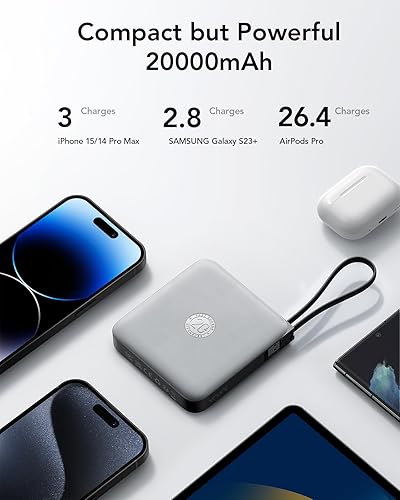 Miniatura 8 de VRURC Cargador de teléfono portátil de 20000 mAh con 4 cables integrados, batería externa de carga rápida de 22.5 W, USB C, para iPhone 16, 15, 14,