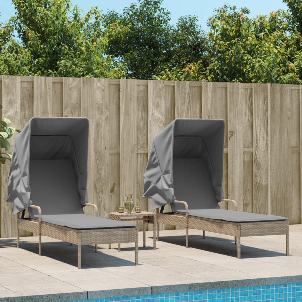Chaise longue en rotin beige x2 avec table de jardin et parasol intégré pour terrasse