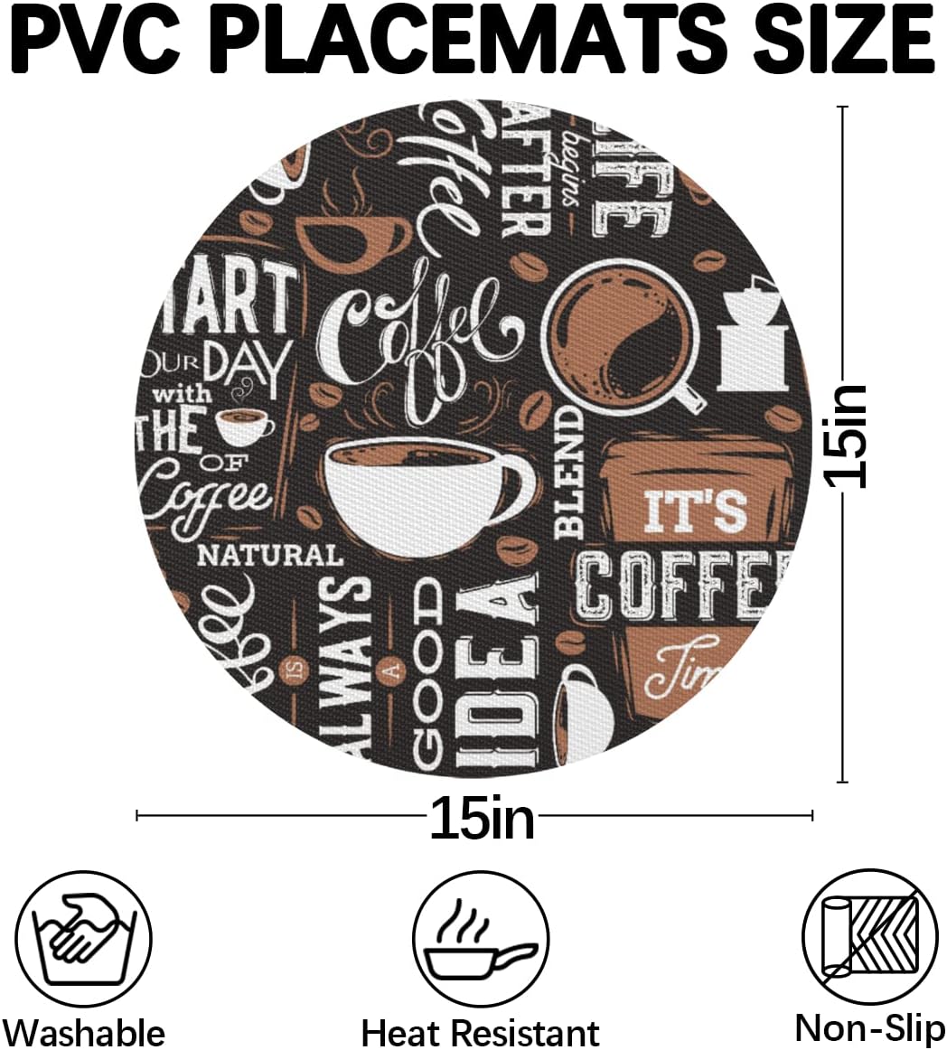 Coffee Time PVC Placemats for Round Table Set of 4 with Round Centerpiece Mat, Cartoon Coffee Cup Beans Wedge Table Mats Washable Heat Resistant Dining Table Mat for Kitchen Indoor Outdoor Christmas