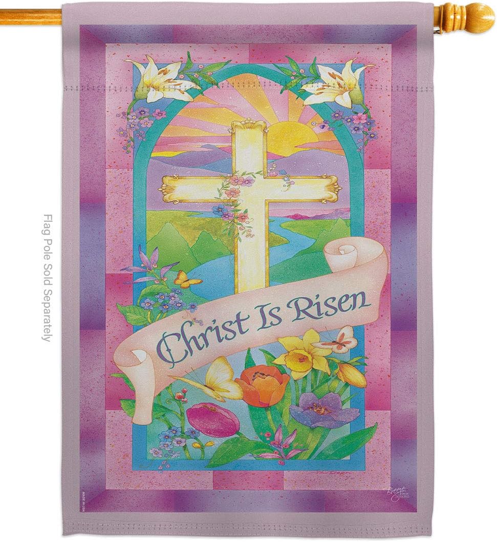 Breeze Decor Christ is Risen House Flag Spring Easter Happy Bunny Egg Christian Season Springtime Holiday Decoration Banner Small Garden Yard Gift Double-Sided, Thick Fabric, Made in USA