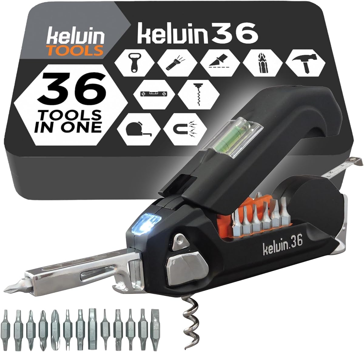Kelvin Tools K-36 Multi-Tool Set, 36 Integrated Tools, 26 Bit Screwdriver Set, Tape Measure, Corkscrew (Black)