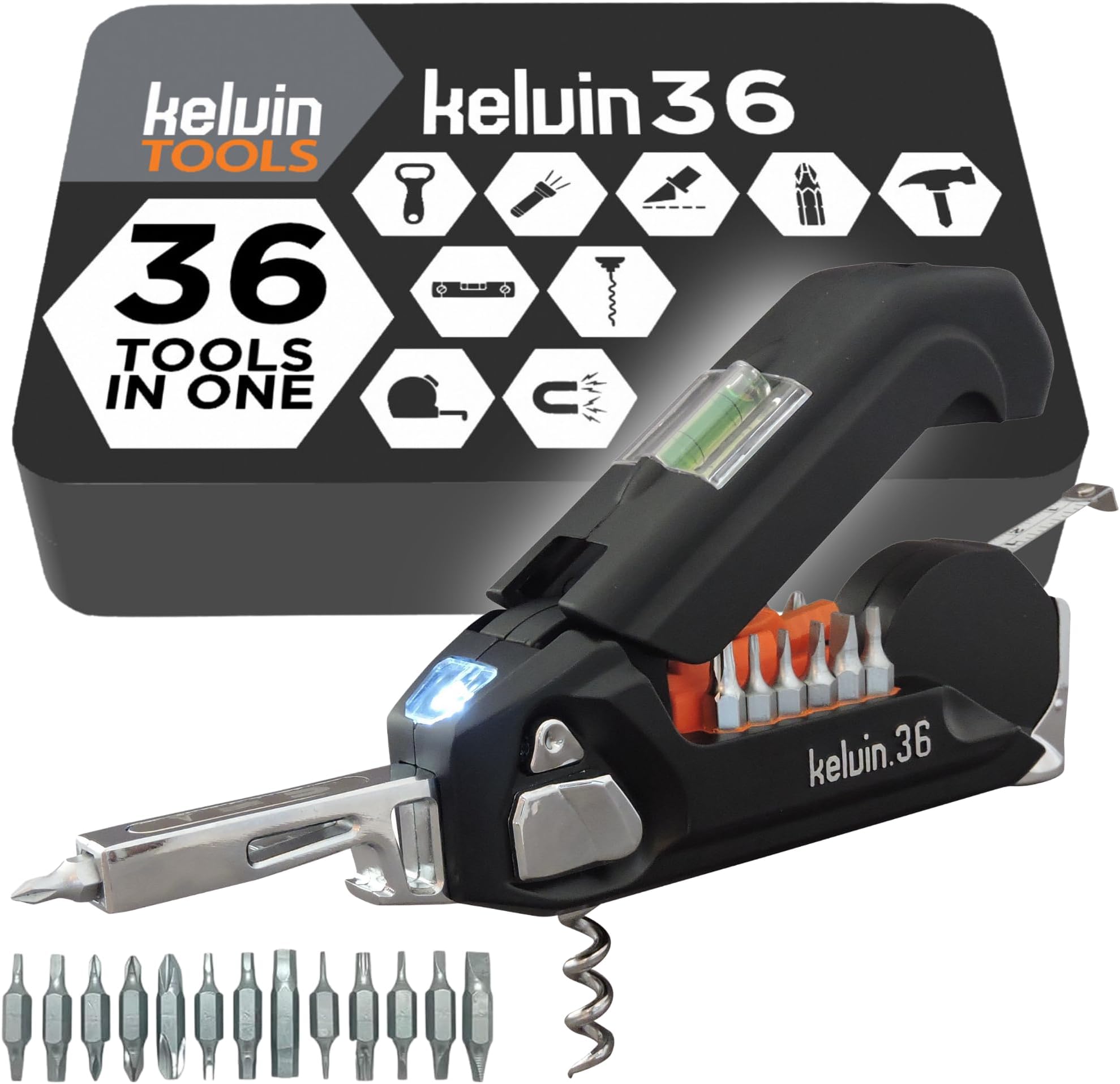 Kelvin Tools K-36 Multi-Tool Set, 36 Integrated Tools, 26 Bit Screwdriver Set, Tape Measure, Corkscrew (Black)
