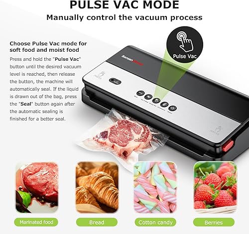Miniatura 4 de Bonsenkitchen Sellador al vacío, máquina selladora de alimentos multifuncional con 1 bolsa de rollo + 5 bolsas, almacenamiento de bolsas  cortador