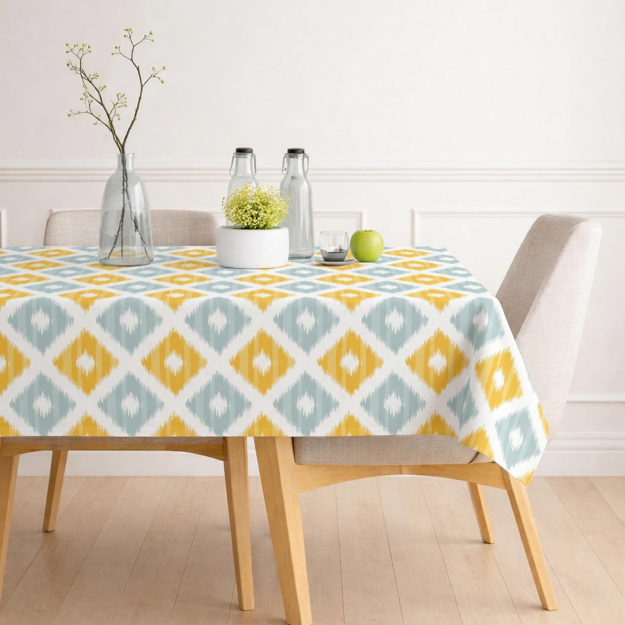 STITCHNEST Ikat Printed Poly-Cotton Center Table Cover – Vibrant Yellow & Aqua Rectangle Tablecloth for Coffee & Centre Table – Durable, Washable, Fade-Resistant Fabric – 40 X 60 Inches