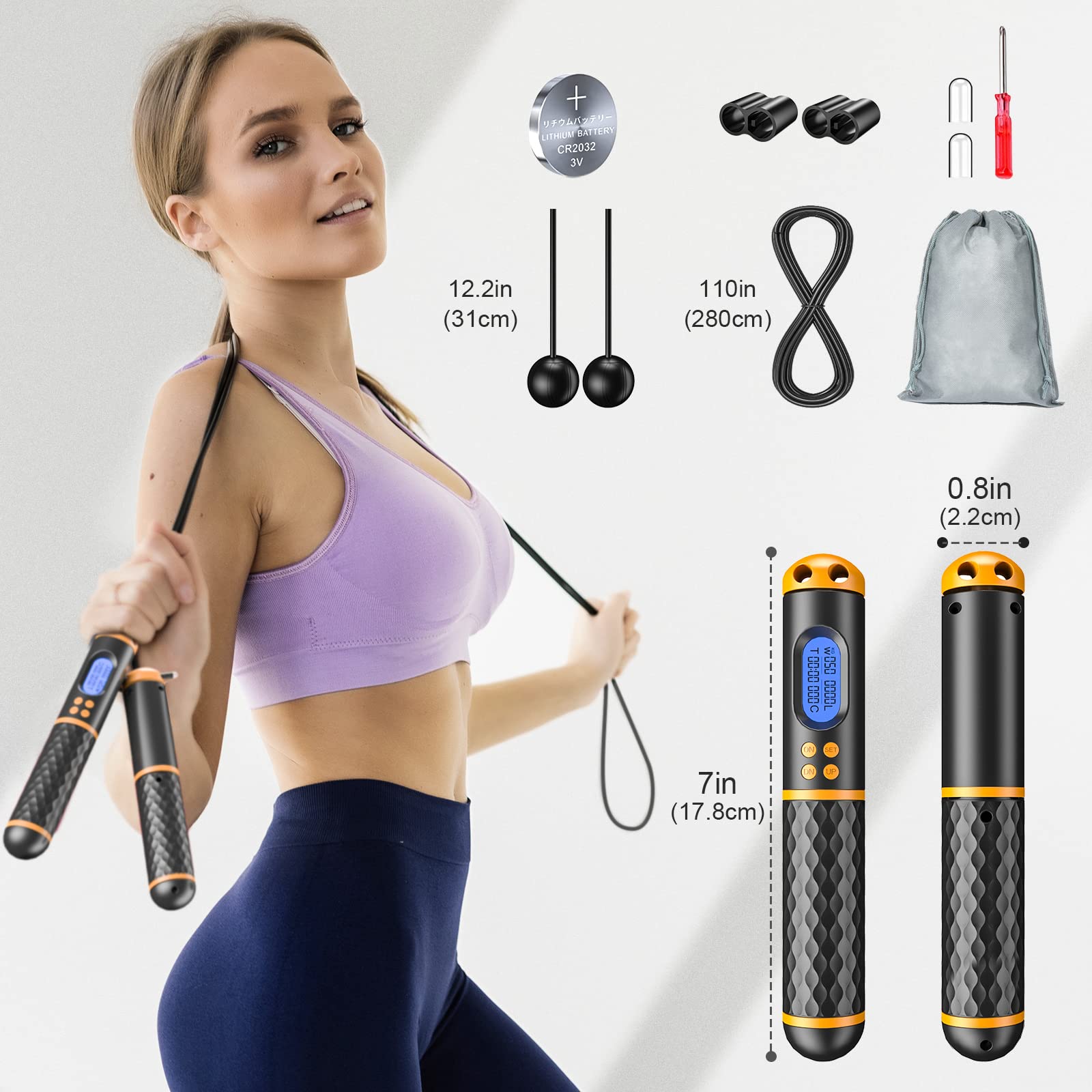 Intelligentes Springseil, Fitness-Springseil mit Gewicht/Runden/Zeit/Kalorienaufzeichnung, verstellbar, digital, für Zuhause, Fitnessstudio, schnurloses Springseil für Männer und Frauen und Kinder, Fitness-Training
