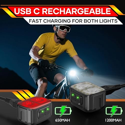 Miniatura 3 de Juego de 3 luces de bicicleta, luz recargable para bicicleta, súper brillante, 8+12 modos, IPX6 impermeable, luces de bicicleta para conducción
