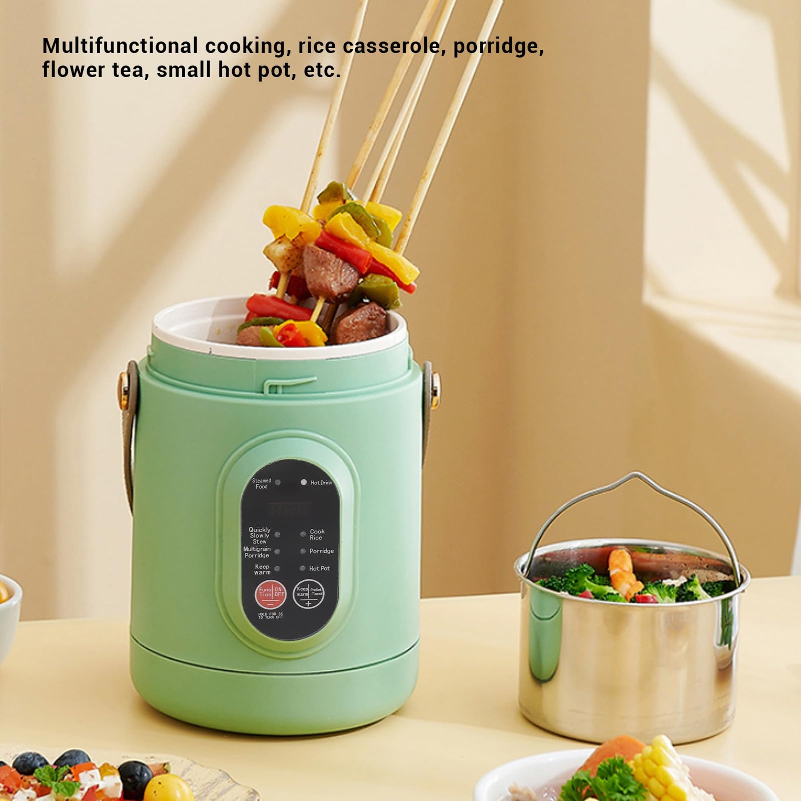 Elektrischer Hot Pot mit Dampfer, 800ML Ramen-Kocher, Non Stick Tragbarer Nudel Kocher für Pasta Suppe Steak Haferflocken, Multifunktion Aler Fauler Topf mit 6 Modi & Timer &