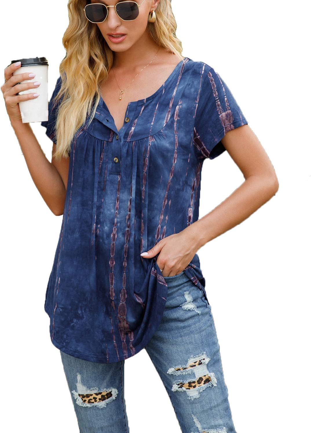 AMCLOS Womens Tie-Dye Tops V Neck Soft T-Shirts Flowy Pleats Tunic Button up Casual Blouses Summer Short Sleeve