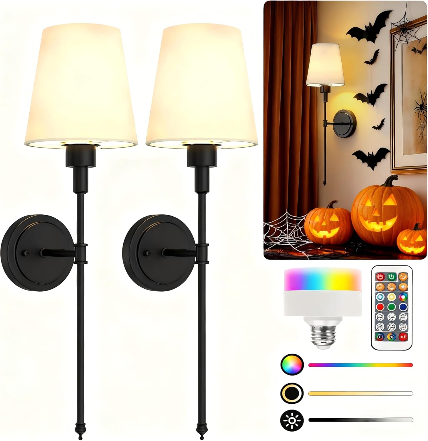 L LOHAS LED Battery Operated Wall Sconces Set of 2, Rechargeable Wall Lights Remote and Dimmable, Sconce Wall Decor Set of 2, Easy Installation, Wireless Wall Lights for Living Room Bedroom, Black