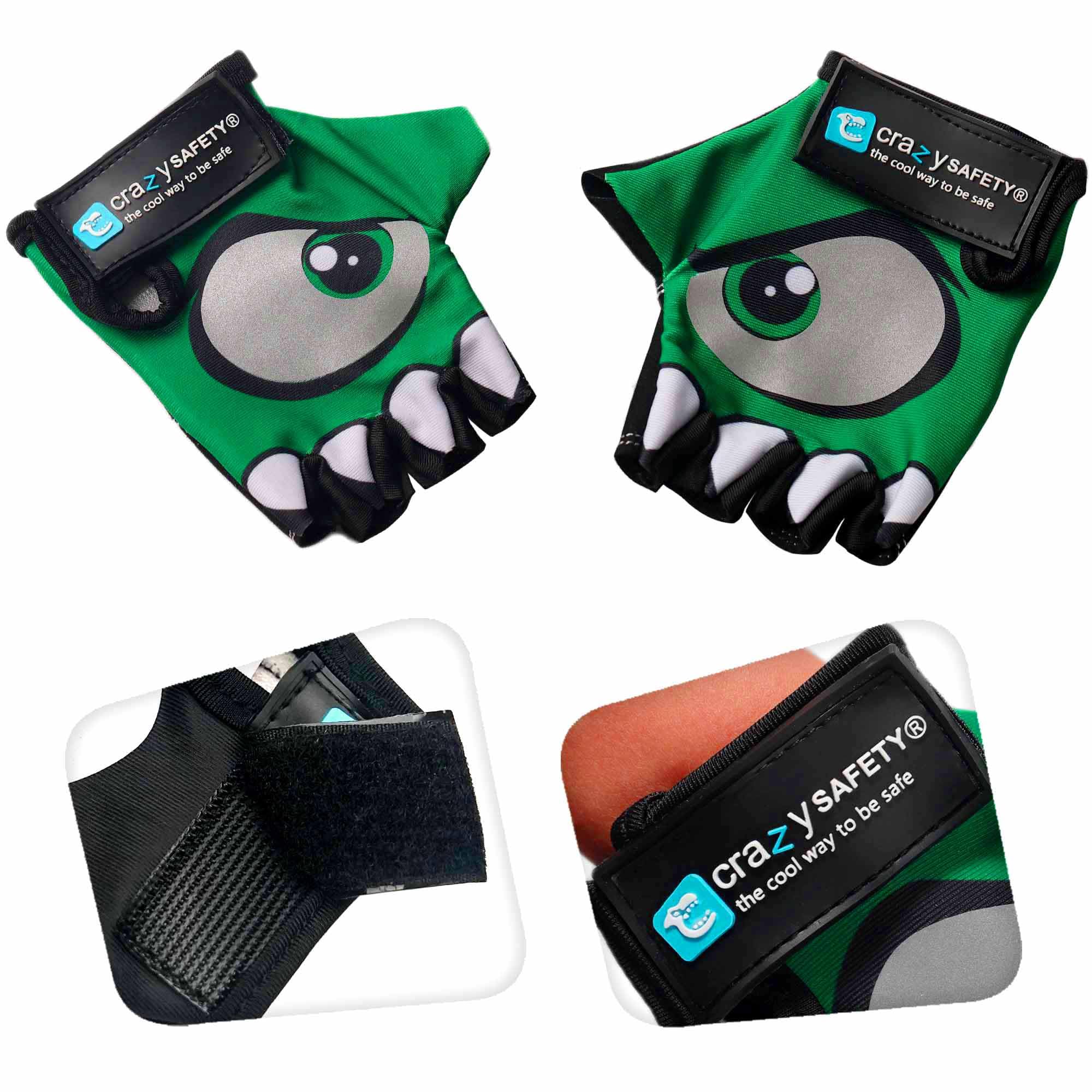 Crazy Safety - Guantes de ciclismo para niños, color negro, con ojos reflectantes y palmas acolchadas, talla S, ideal para ciclismo, patinete y actividades al aire libre