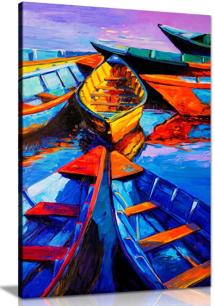 Panther Print Blue Oil Painting Boats & Sea Modern Canvas Wall Art Picture Print (36X24)