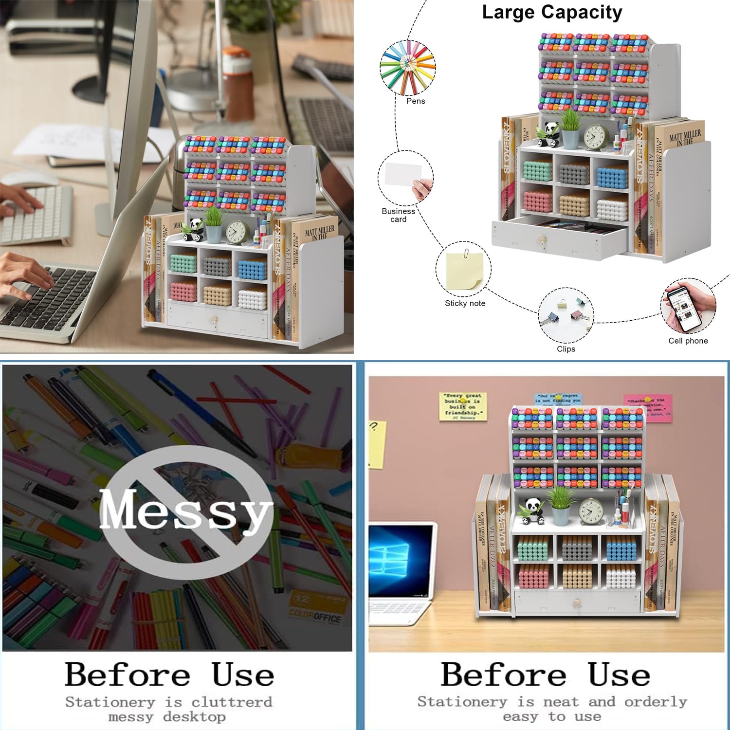 Organisateur de Bureau Multifonctionnel,Rangement bureau Plastique avec 15 Compartiments,1 Coulissants,2 Classeurs pour Maison École Bureau Porte Crayon