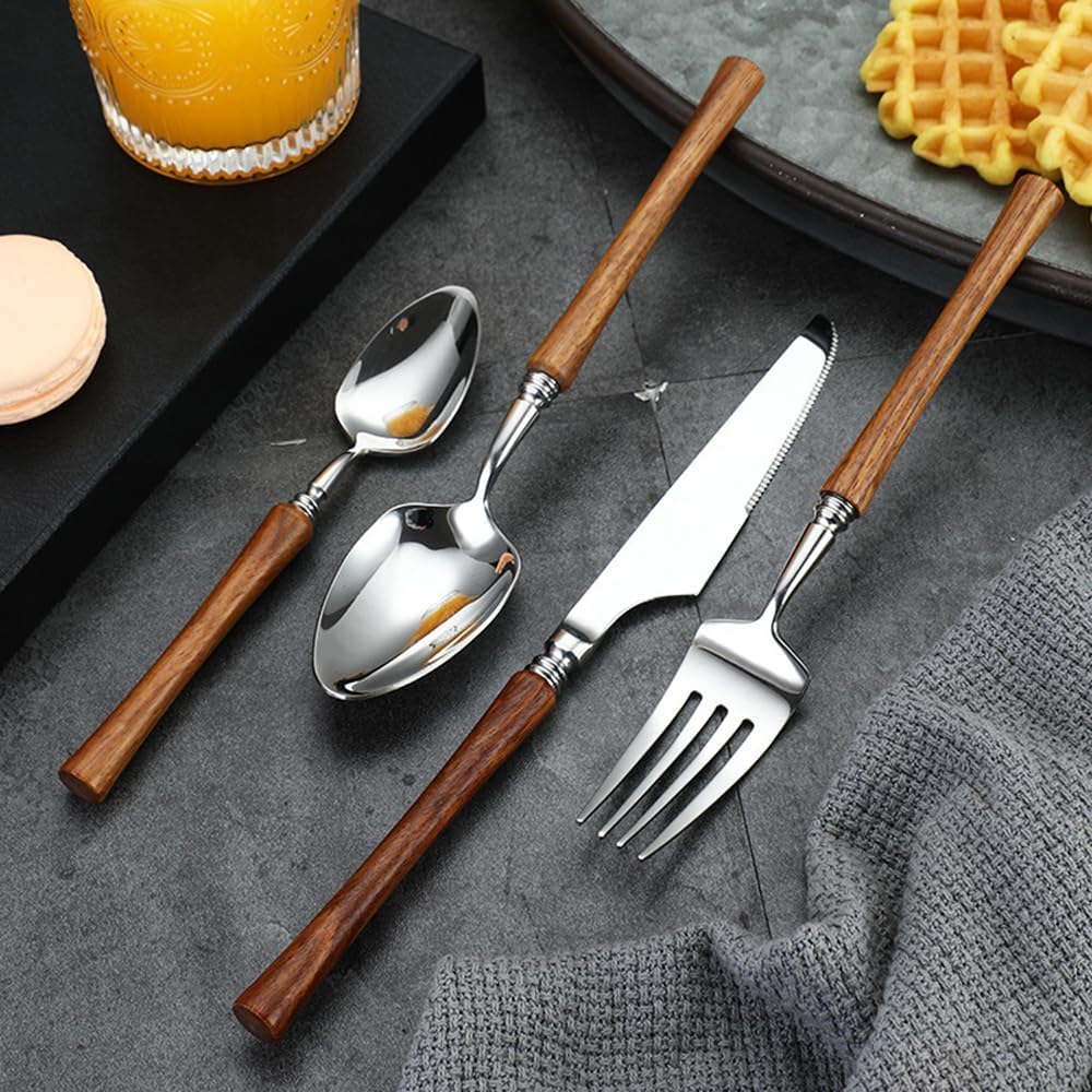 24 Piece Silverware Set for 6, 18/10 Stainless Steel Rosewood Wooden Handle Flatware Cutlery Set for Home Kitchen Restaurant, Mirror Finish, Dishwasher Safe (24-Piece for 6)