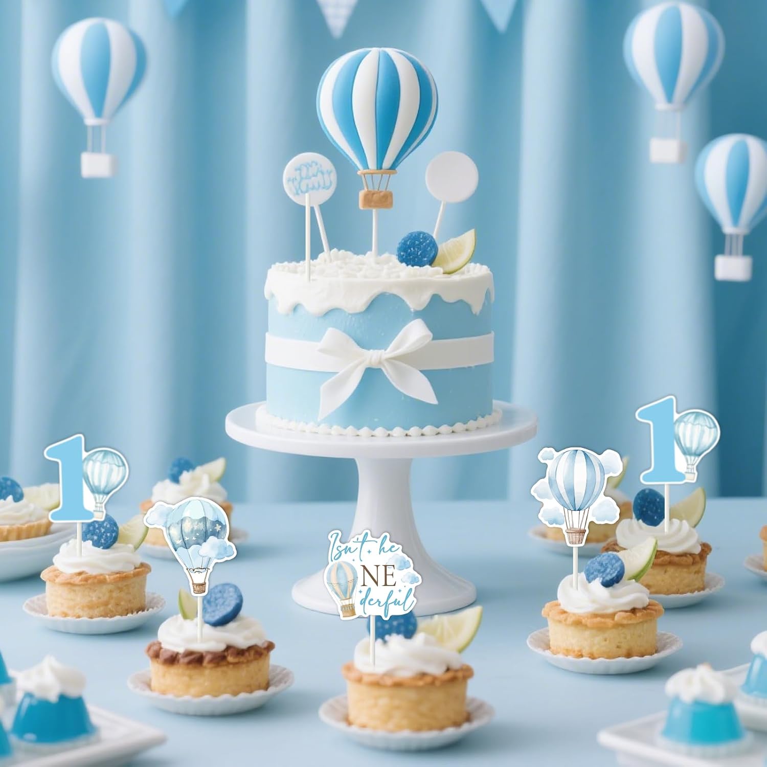 Hot Air Balloon Cake Topper 24pcs Blue Isn't He Onederful 1st Birthday Cupcake Toppers Clouds Hot Air Balloon Cake Decors Travel World Airplane Adventure First Birthday Baby Shower Party Supplies image 3
