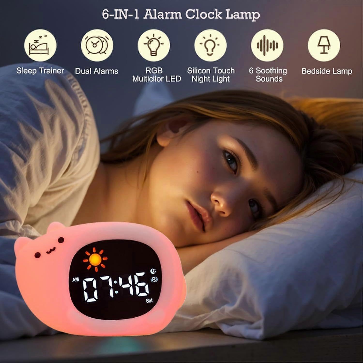 Nachtlichtwecker mit 9 Lichtfarben und 6 weißen Geräuschen, digitale Schlaftrainingsuhr, einstellbare Helligkeit und Klang, Geschenke für Kinder – Katze