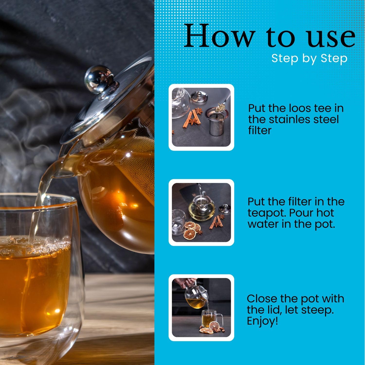 Intirilife Teekanne mit Filter in KLAR – 800ml Glaskanne aus Borosilikatglas mit Siebeinsatz hitzebeständig geeignet für heiße und kalte Getränke, Tee, Kaffee, Wasser uvm.