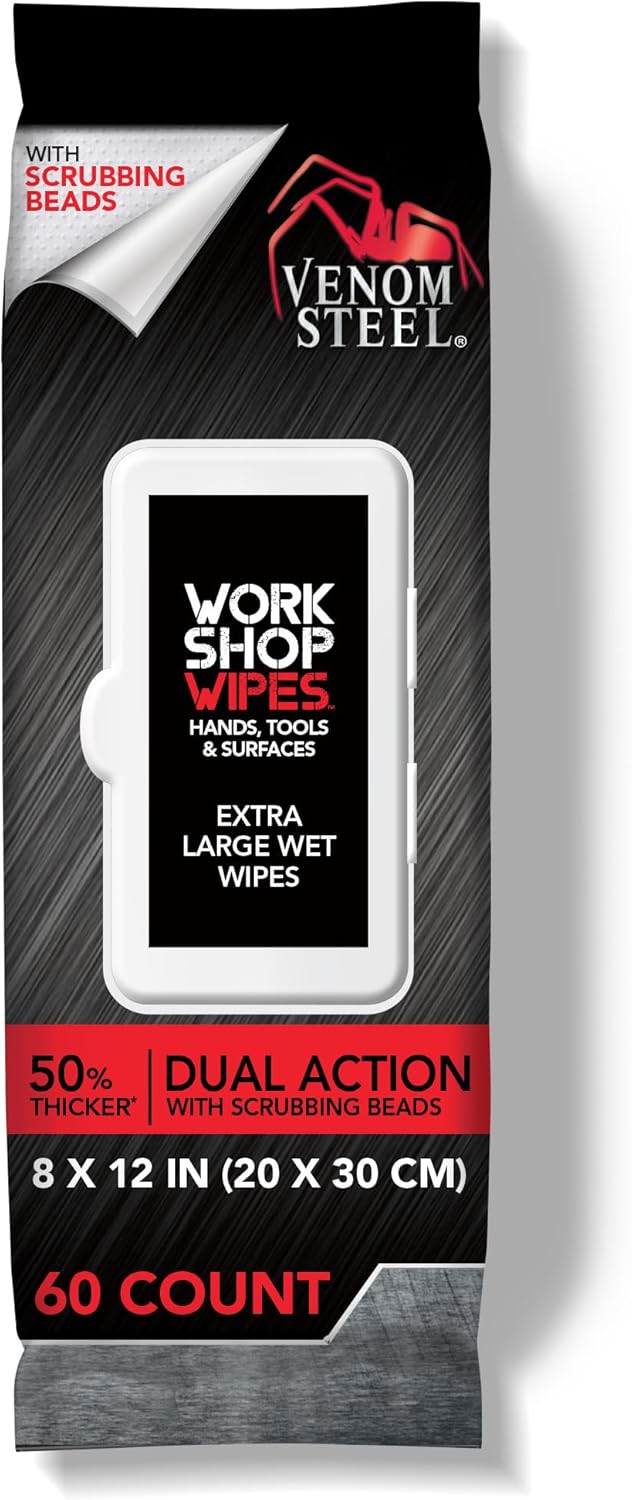 Venom Steel Workshop Wipes with Scrubbing Beads, for Grease, Grime, Oil, Paint and Caulk, Safe on Hands, Tools, and Non Porous Surfaces, Light Citrus Scent, 8" x 12" Cloths, 60 Wipes