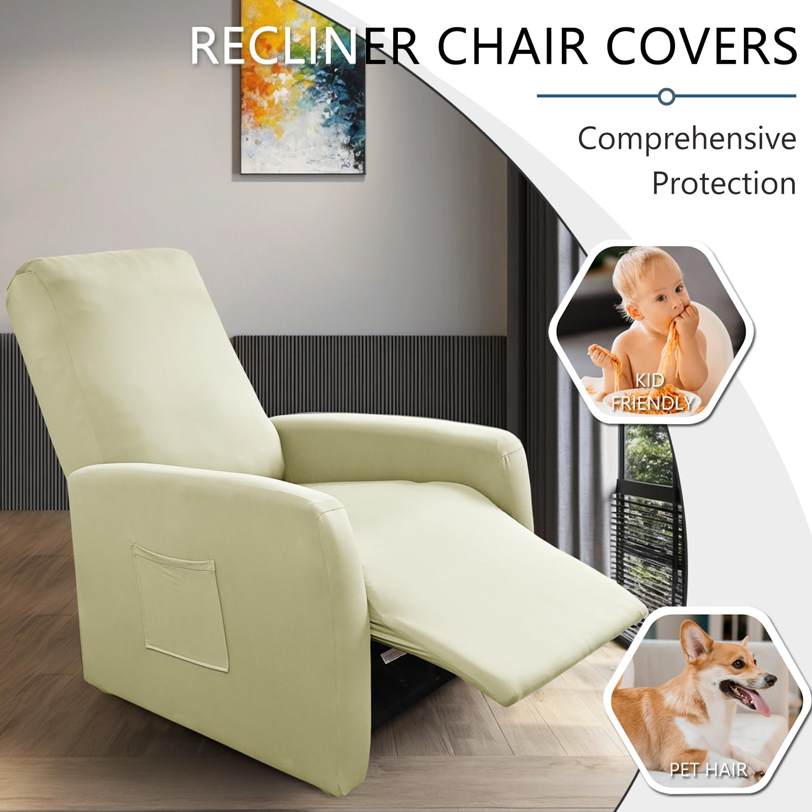 Housse Extensible Fauteuil Relax 4 Pièces – Protection Totale Jacquard Élastique – Avec Poches – Gris Foncé – Pour Fauteuil TV & Relaxation