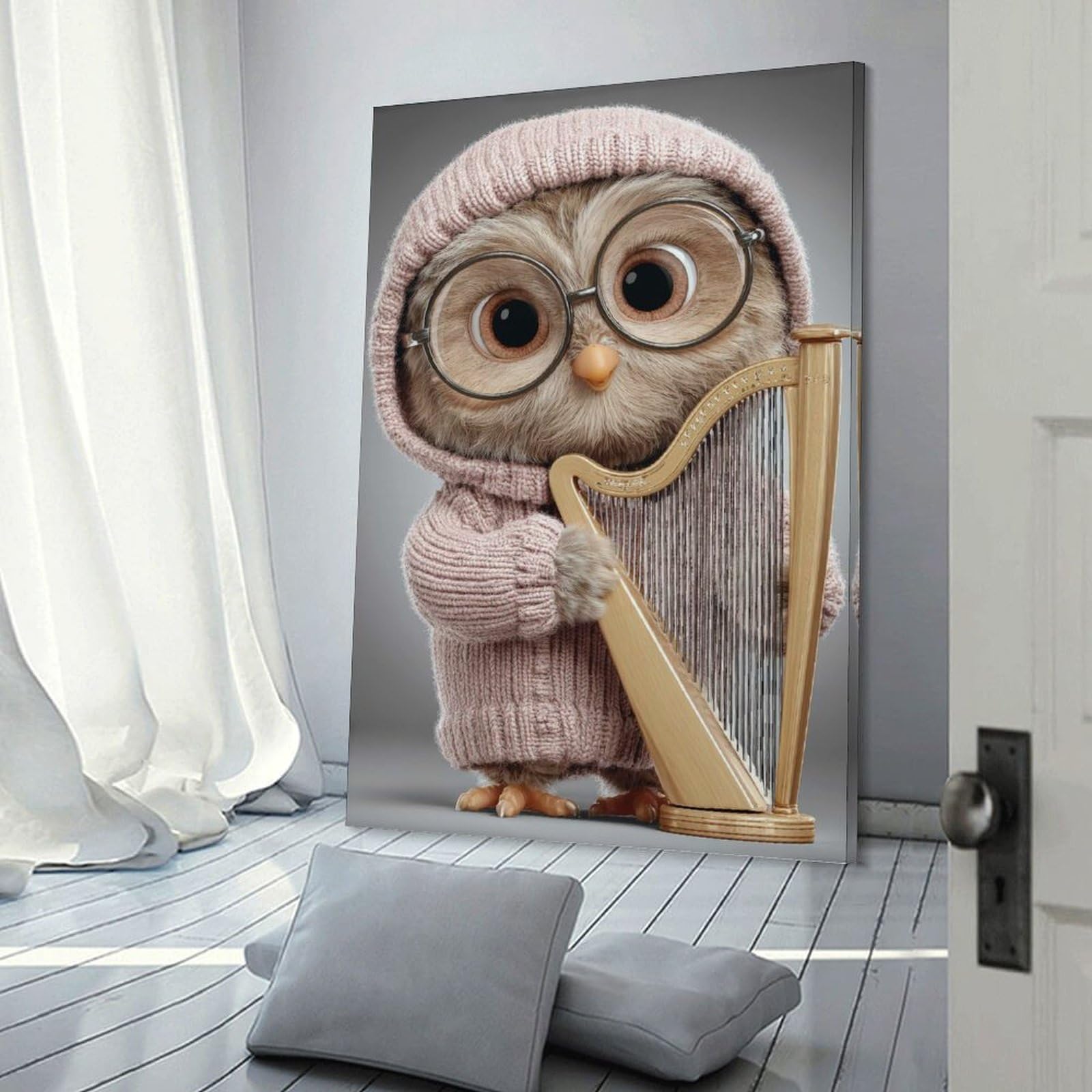 Junmoney Hanging Wall Art Owl with Harp, 24x36inch(60x90cm), for Wall Displays, Bedrooms Or Room Updates, Decorative Artwork with Flexible Styling