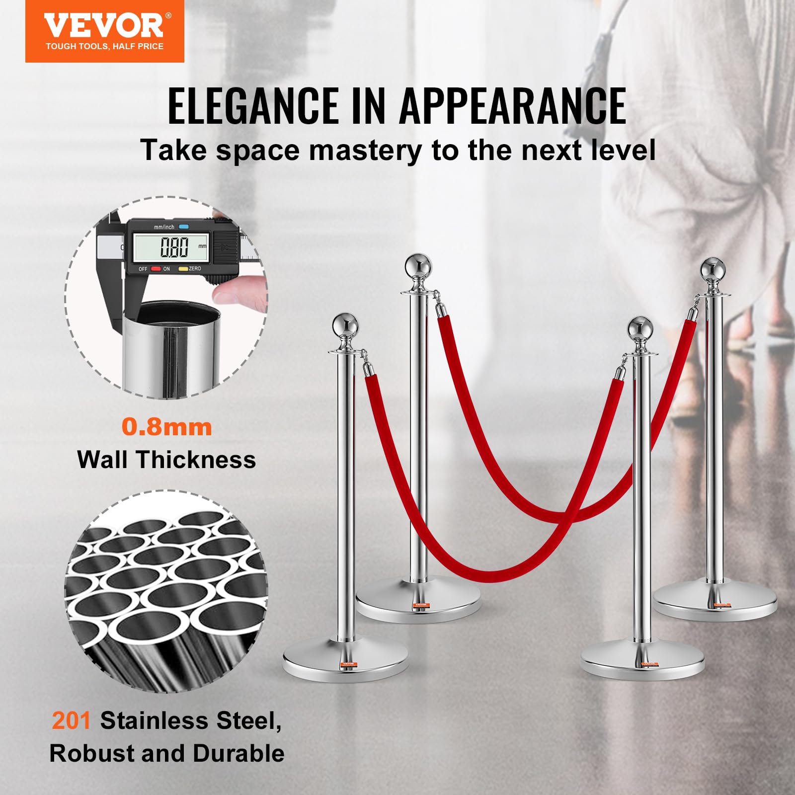 VEVOR Barrière de Balisage 4PCs 99 cm avec Cordes Velours 1,5 m pour Contrôle de Foules Argenté