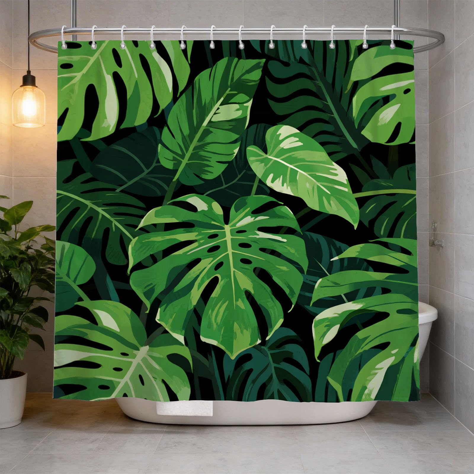 Hongduo White 3D Monstera Leaf Shower Curtain For Stalls Bathtubs Tropical Plants Bathroom Decor Shower Curtain Set Polyester Fabric Waterproof 120X180cm/48X71 Inch With Hooks