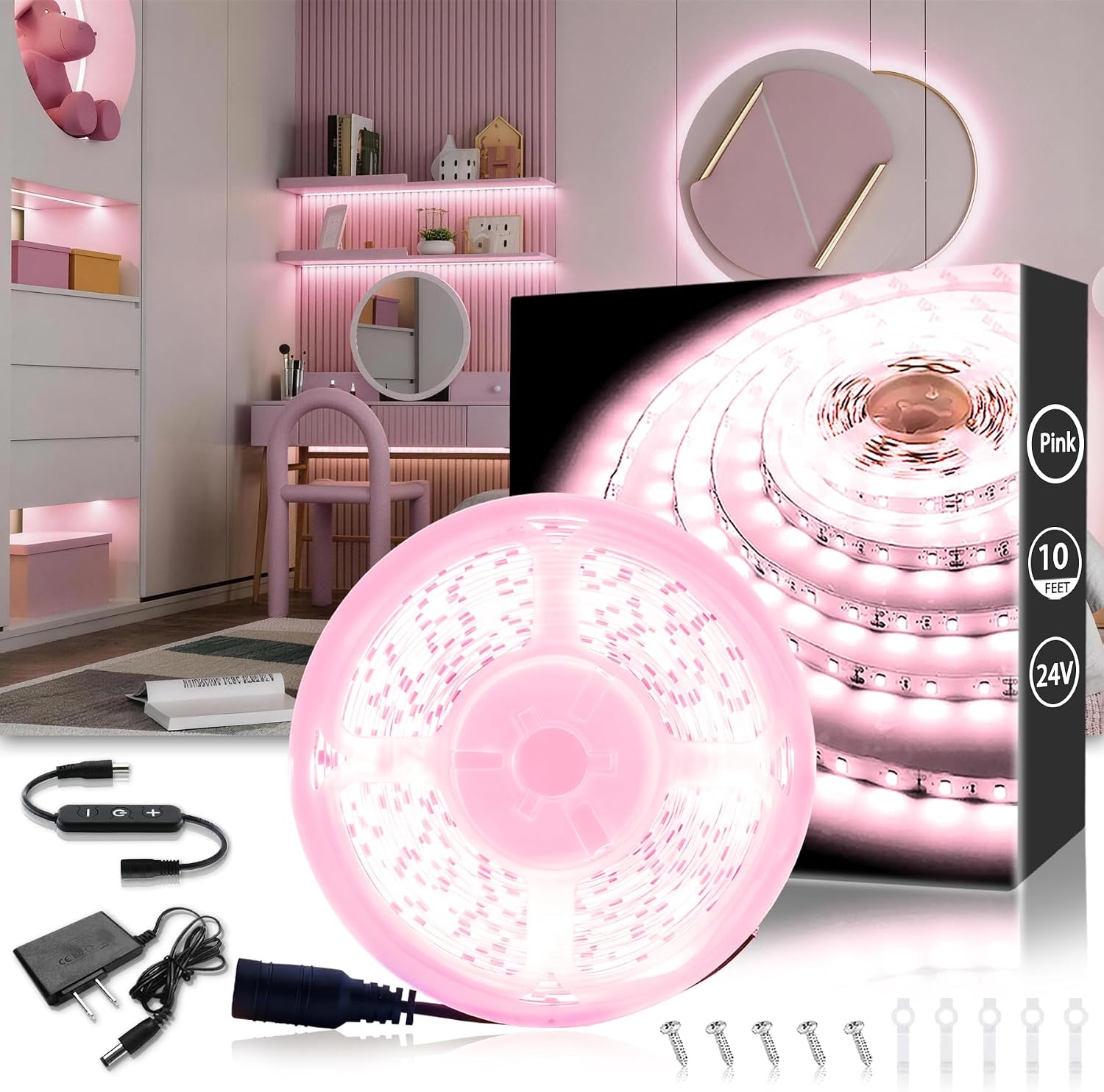 10 FT Pink LED Strip Lights for Bedroom Decor 24V Dimmable Flexible LED Rope Lights LED Lights Strip Tape Lights for Romantic Wedding Girls Bedroom Party Home Indoor Decorative Lighting