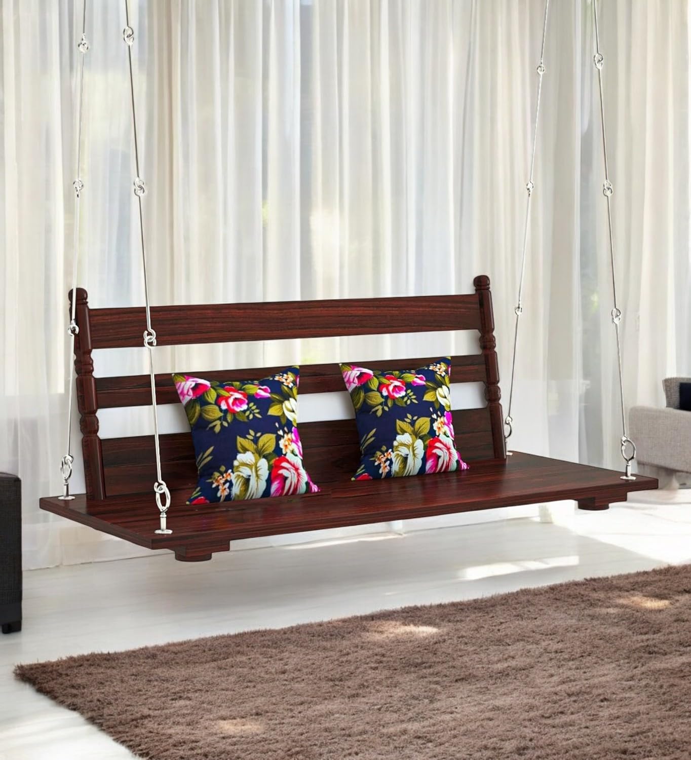 SIYA ART Indoor Hanging Wooden Swing for Living Room Patio Jhula for Home Garden Outdoor & Balcony (Teak Finish)-image-46