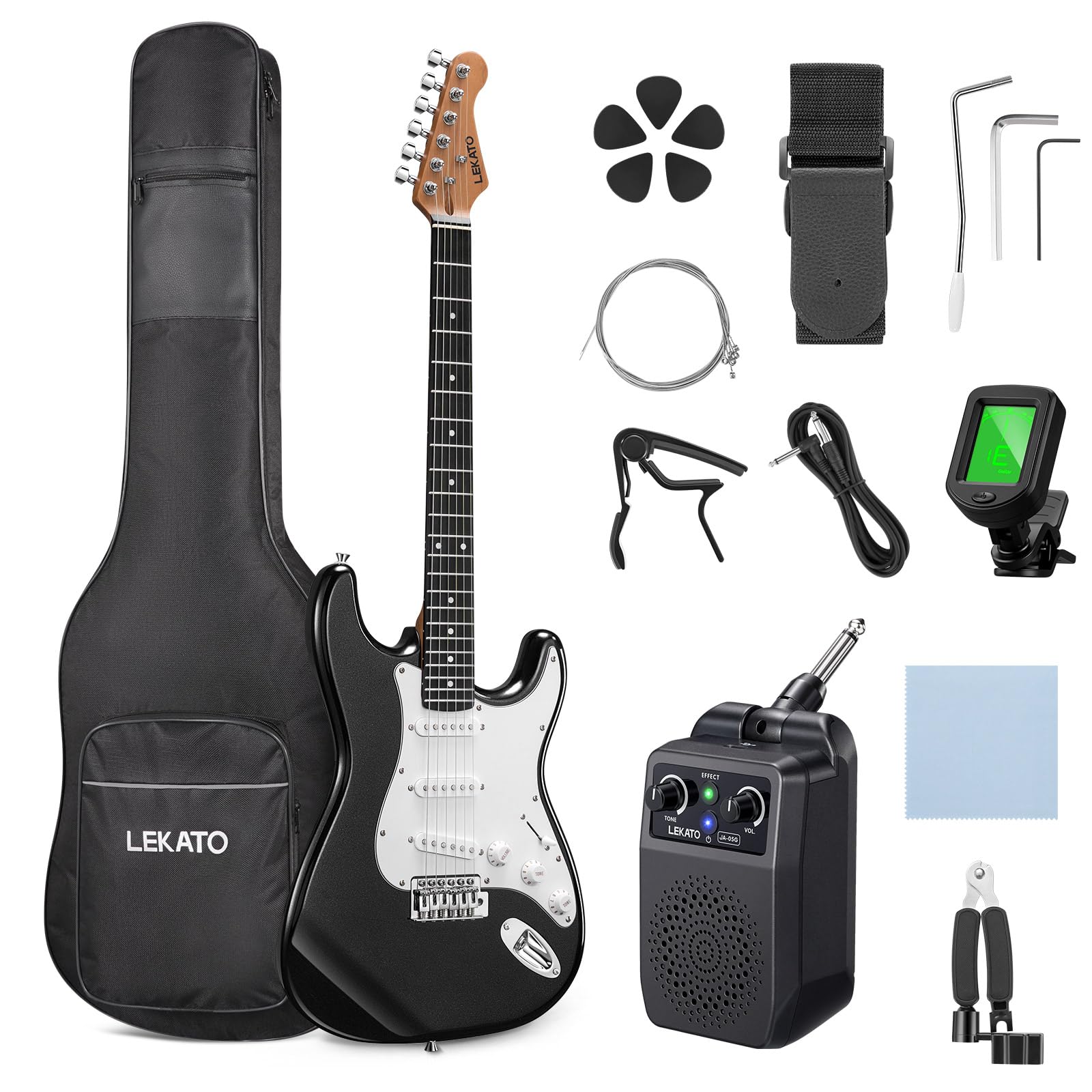 LEKATO Beginner Electric Guitar Kit 39 Inch Full Size Solid Body Guitar SSS for Starter Roasted Maple Neck Stainless Steel Frets, 5w Plug-in Amp, Bag, Tuner, Capo, Strap, Picks, String, Cable - Black
