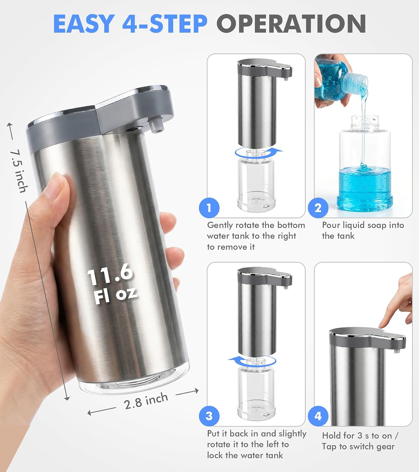 Automatic Soap Dispenser, 2Pack Stainless Touchless Liquid Soap Dispenser Digital Display, 11.6 fl oz Electric Dish Soap Dispenser, Wall Mount, 4 Adjustable Volumes for Kitchen & Bathroom