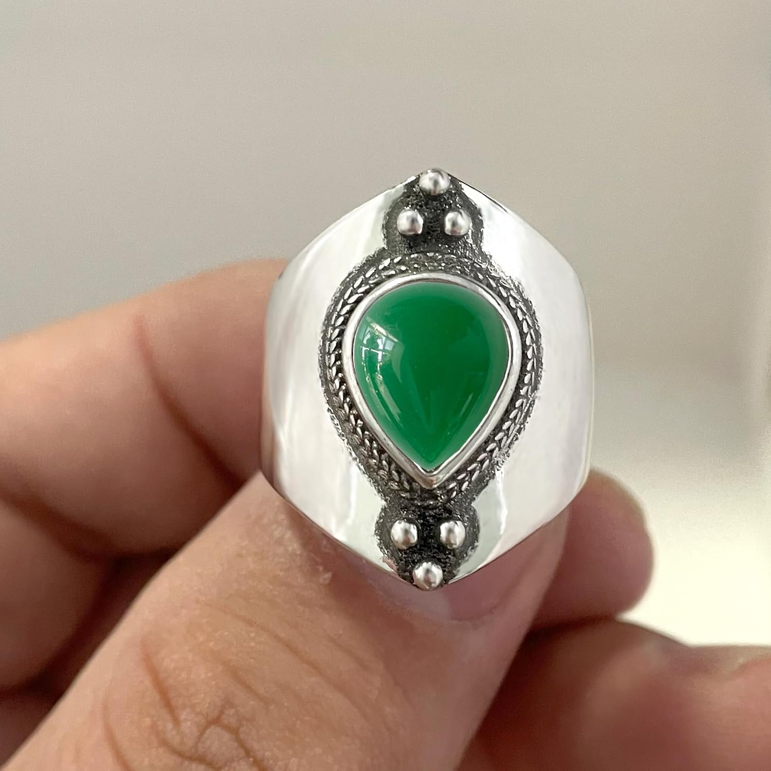 Retro Sterling Silver Waterdrop Natural Stone Boho Ring,Dainty Vintage Antique Oval Real Genuine Crystal Gemstone Statement e Bohemian Wide Chunky Band Ring Jewelry for Women Her