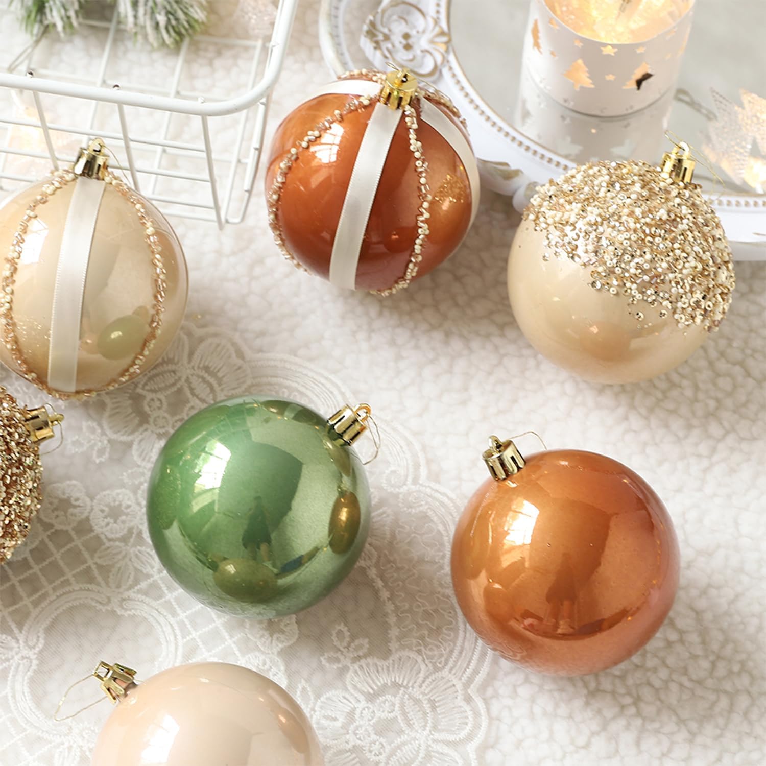 12 Pcs Christmas Ball Ornaments Set Brown Green Champagne Luxury Neutral Shatterproof Christmas Tree Decorations 3.15 Inch Glittering Decorative Hanging Ornament Bulk for Xmas Tree Holiday Party Decor - Image 5
