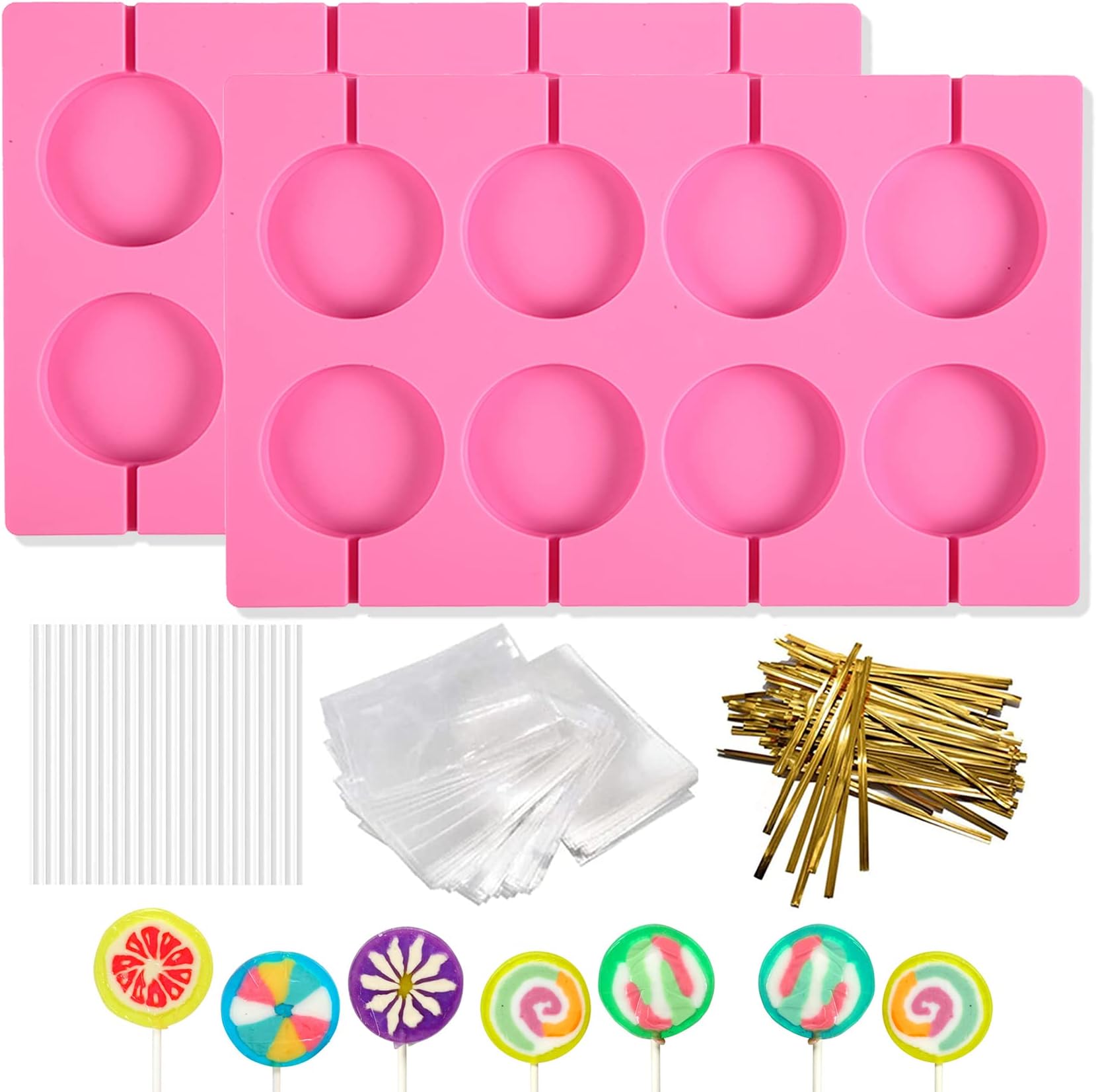 2Pcs 8 Capacity Silicone Lollipop Molds,Hard Candy Chocolate Sucker Mold with 20pcs 3.15 inch Lollypop Sucker Sticks,100pcs Candy Treat Bags,100pcs Gold Ties
