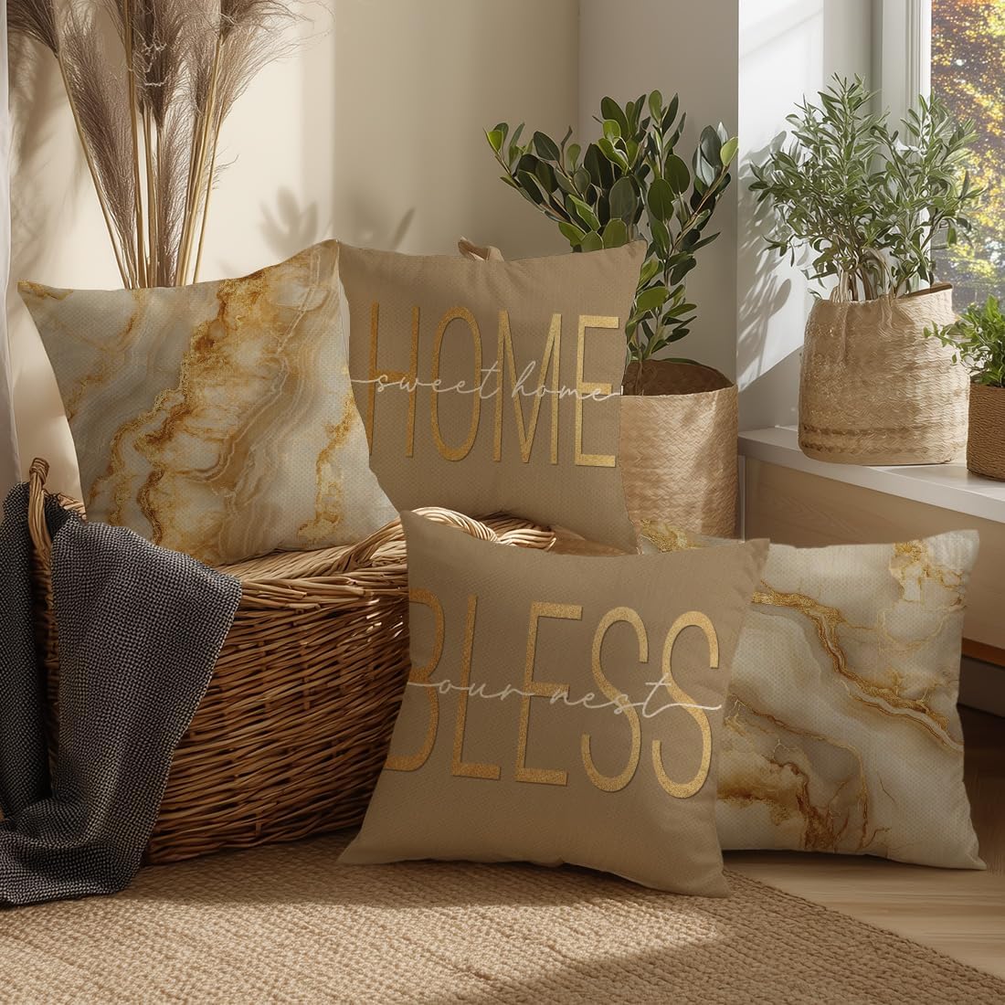 ORMAN Beige Gold 18x18 Marble Pillows Covers Set of 4 Decorative Pillowcase Cushion Cover for Car Sofa Bedroom - Image 3