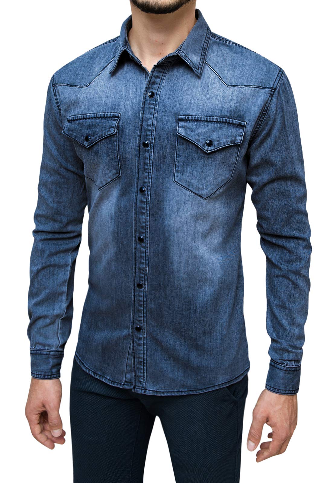 Evoga Camicia di Jeans Uomo in Cotone Denim Casual Slim Fit